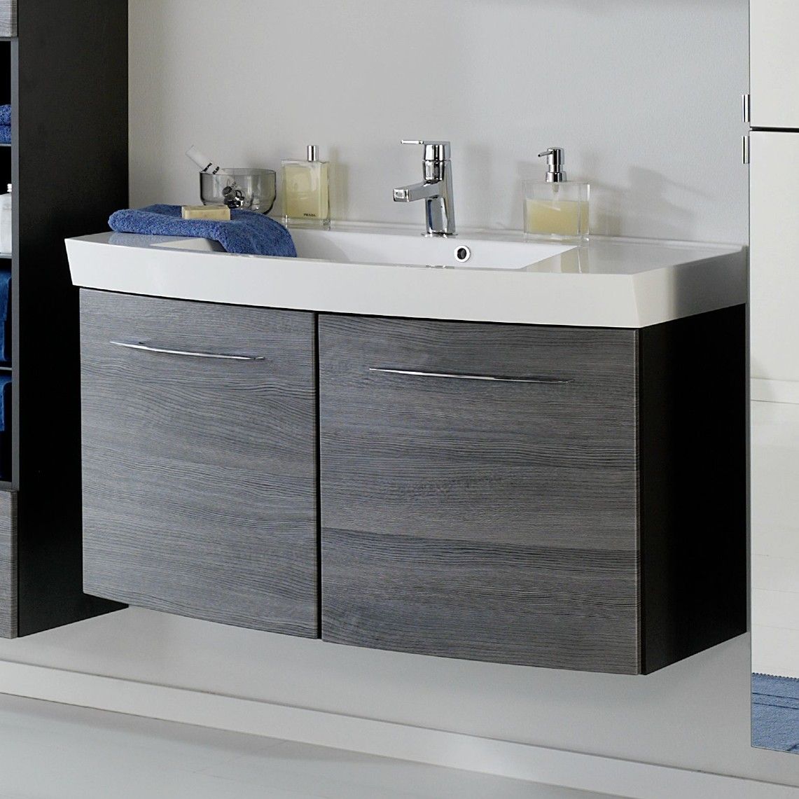 Meuble vasque Florent courbé 100cm 2 portes - graphite/chêne gris