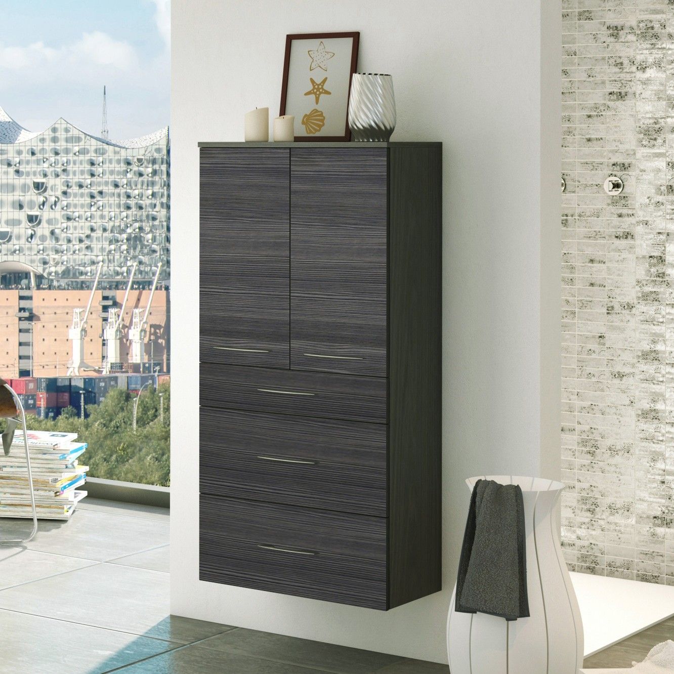 Armoire salle de bains Florent 60cm 2 portes & 3 tiroirs - graphite/chêne gris