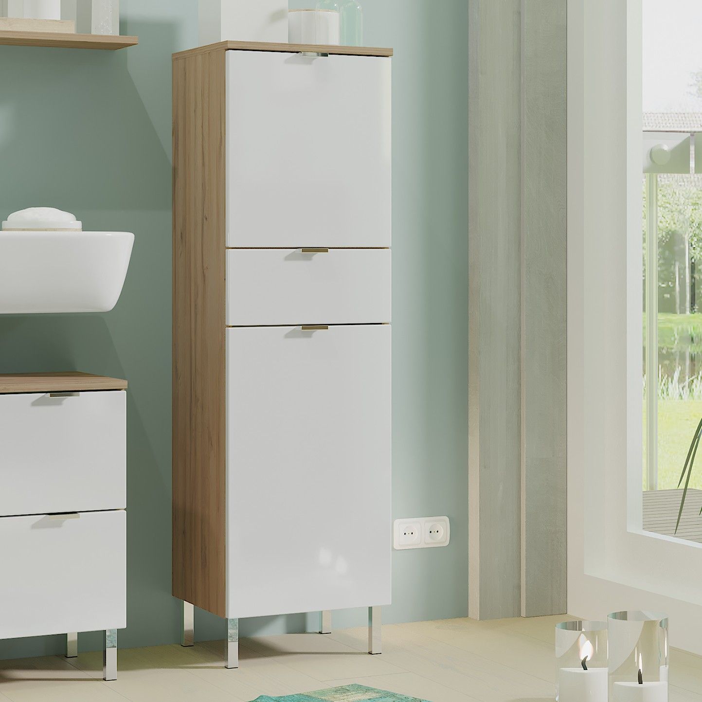 Colonne salle de bains Mauro avec 2 portes & tiroir - chêne/blanc