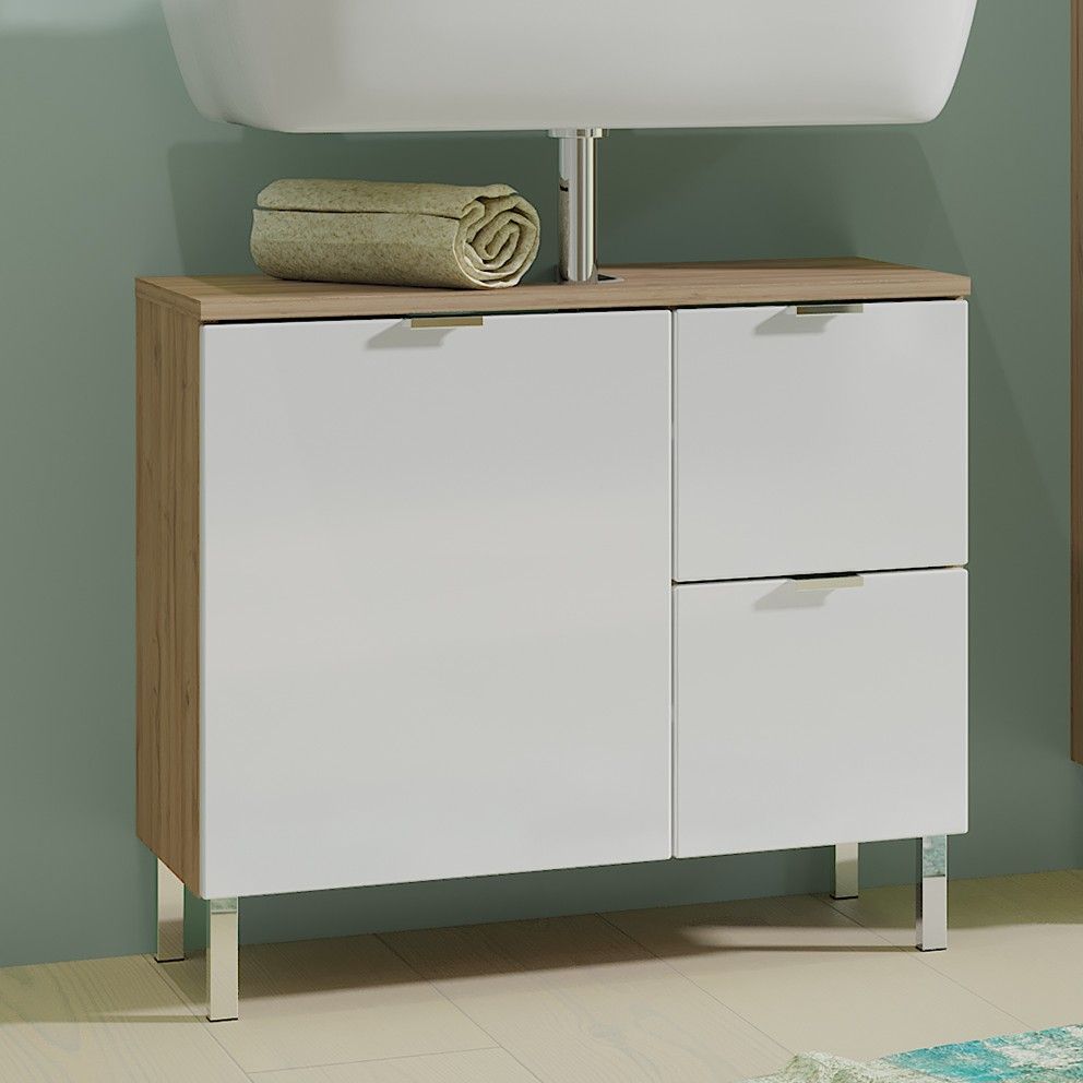 Meuble sous lavabo Mauro 60cm avec porte & 2 tiroirs - chêne/blanc