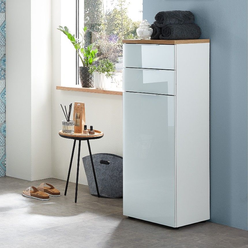 Armoire de salle de bains Sepp avec 1 porte & 2 tiroirs - blanc/chêne