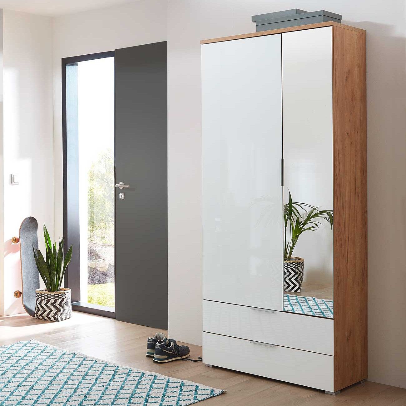 Armoire vestiaire Tille 84cm avec 2 portes & 2 tiroirs - blanc/chêne