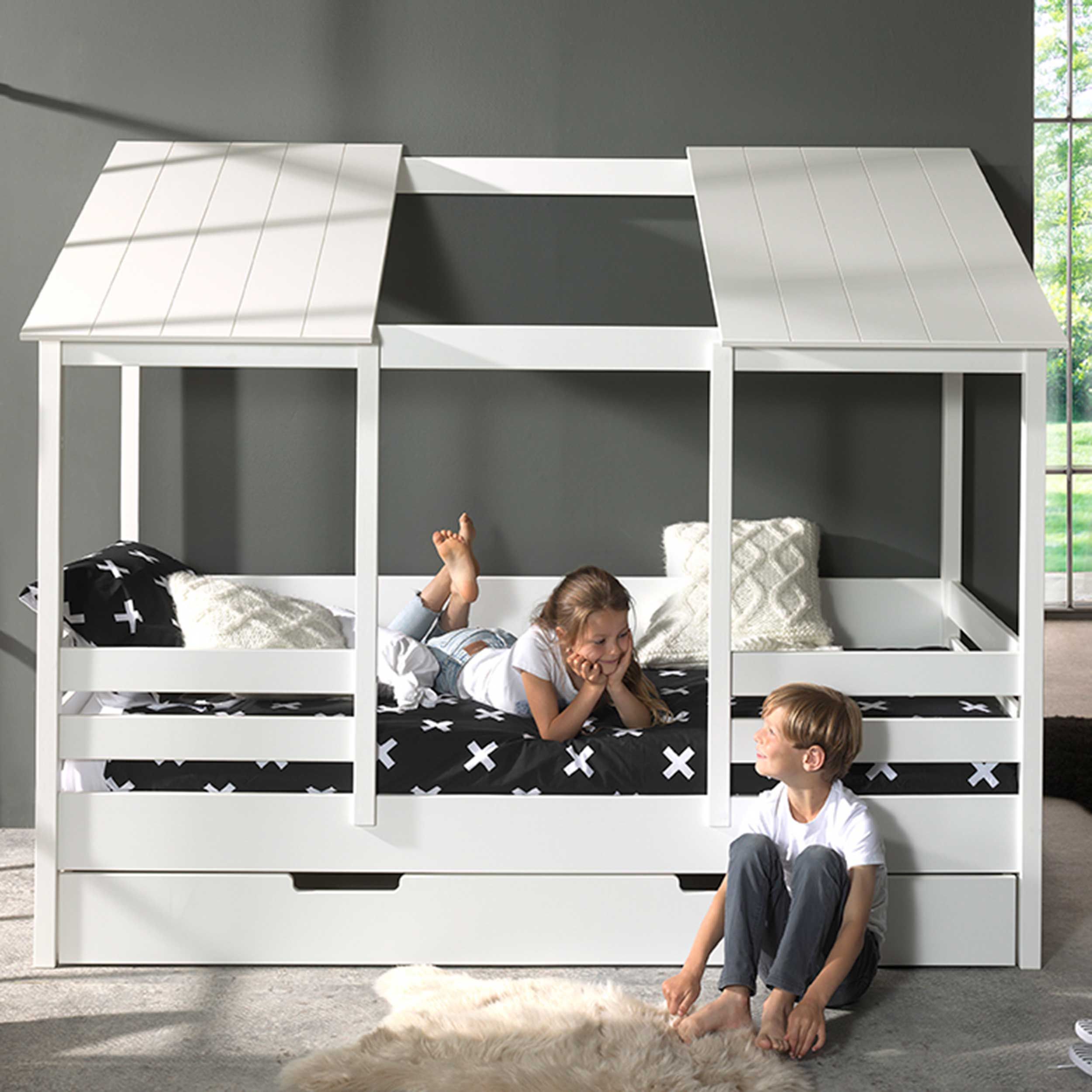 Lit cabane Hester 90x200 avec tiroir de lit - blanc