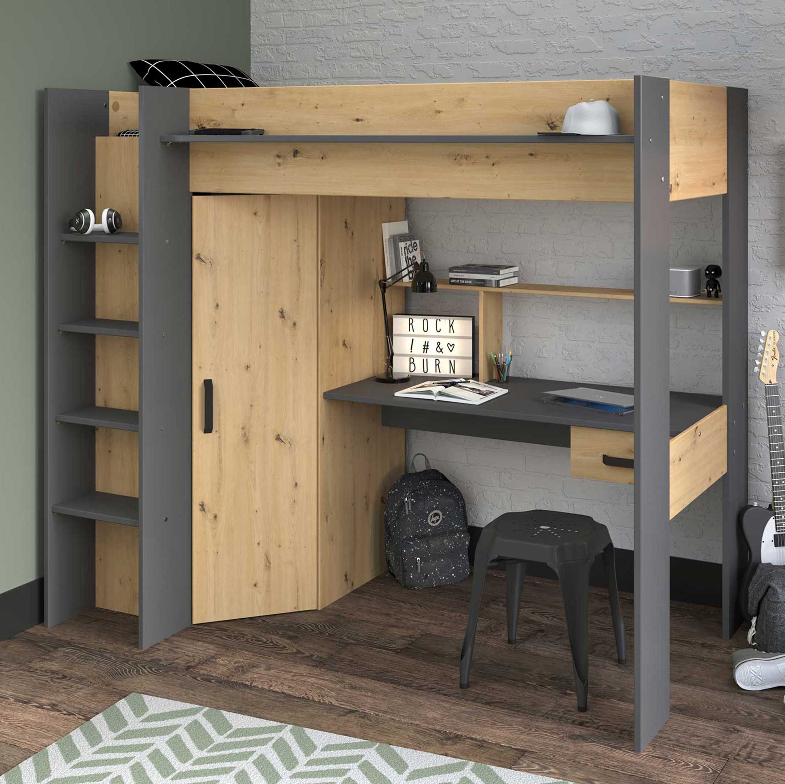 Lit combiné Hervé 90x200 - chêne artisan/gris