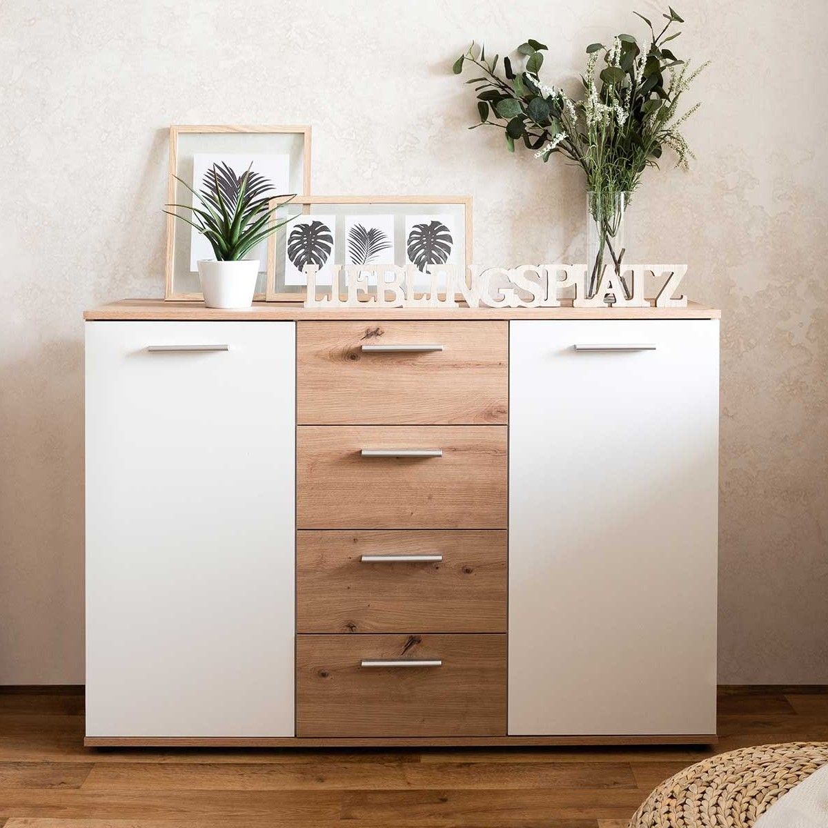 Commode Jakob 120cm, 2 portes & 4 tiroirs - décor en chêne/blanc