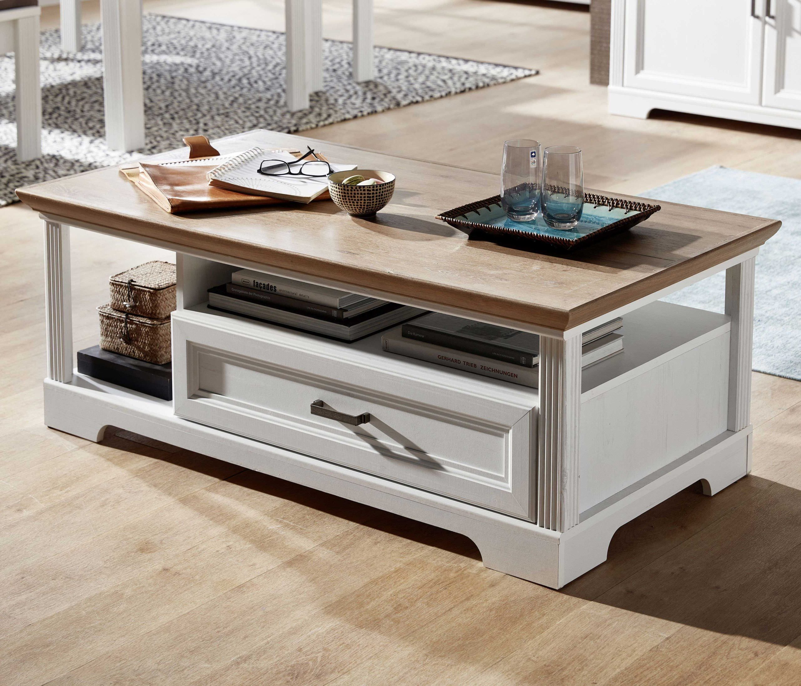 Table basse Samine 1 tiroir & 2 niches - blanc/chêne