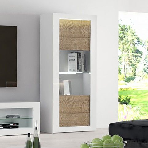 Vitrine Kaia 80cm à 1 porte - blanc brillant/chêne