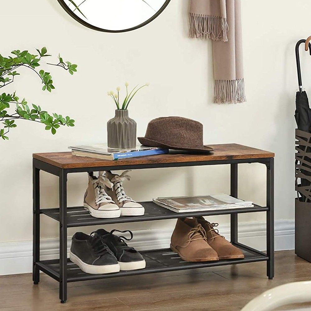 Banc à chaussures Brad 2 tablettes - brun rustique/noir