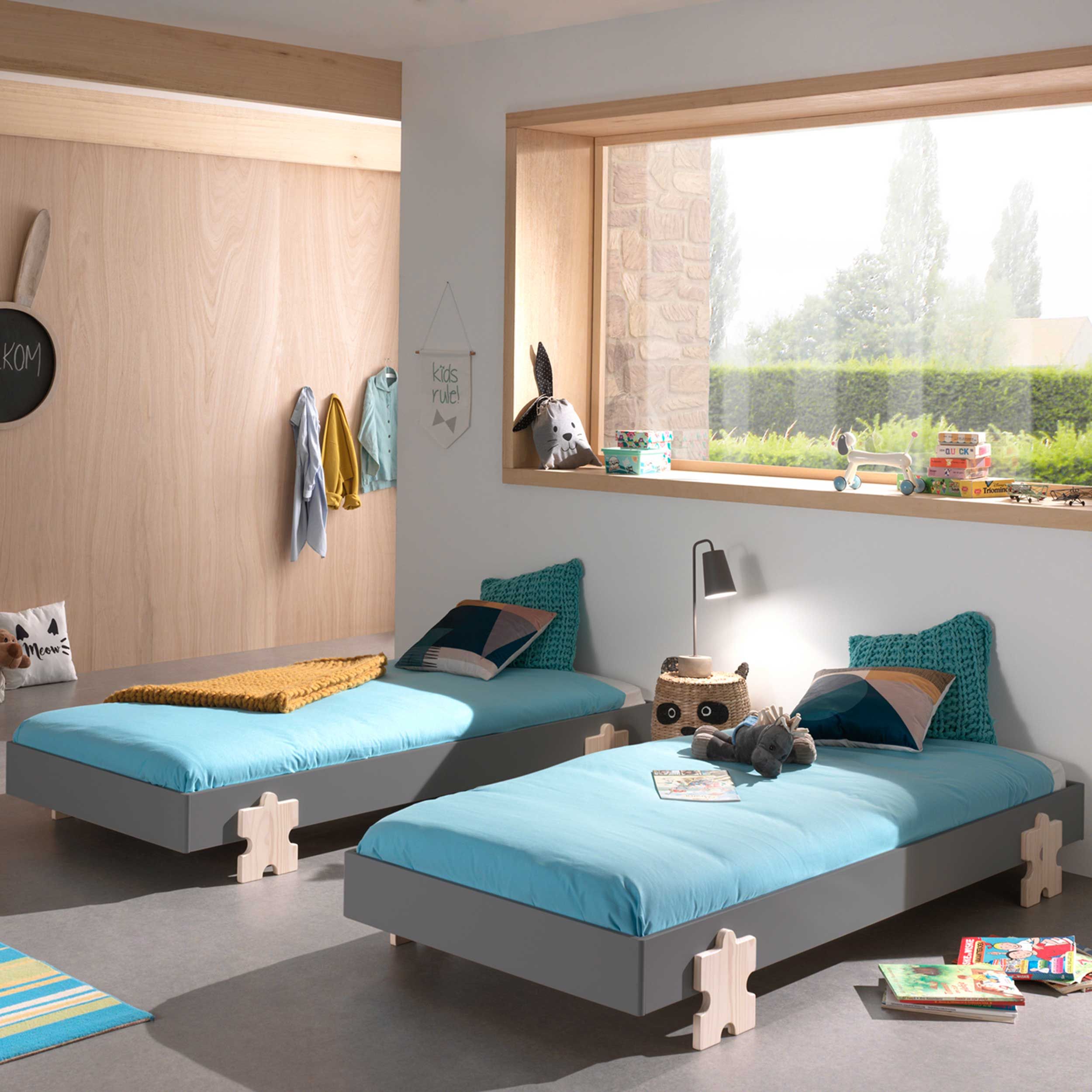 Lit d'enfants Modulo Puzzle 90x200 empilable ensemble de 2 - anthracite/bois de pin