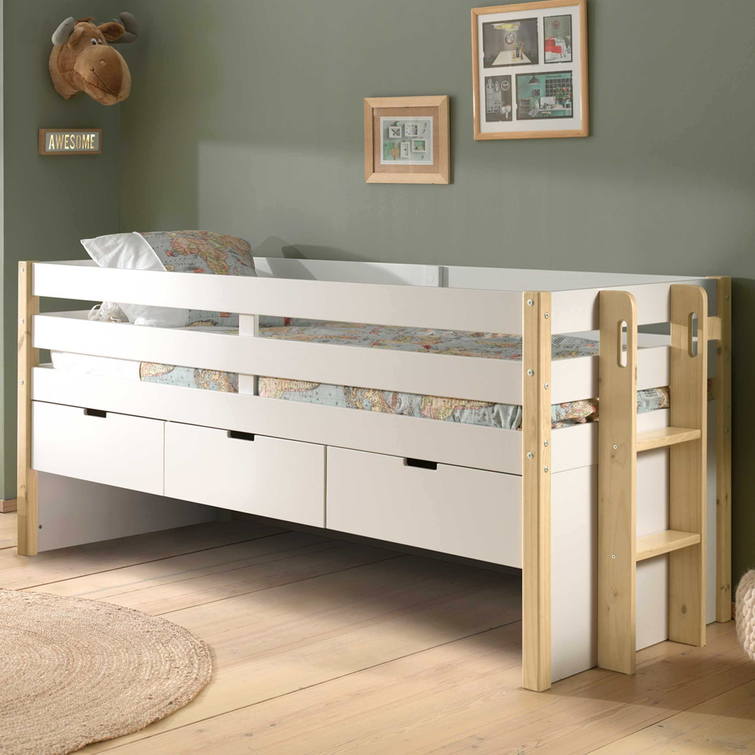 Lit banquette Maggie 90 x 200 avec 3 tiroirs - blanc/bois pin