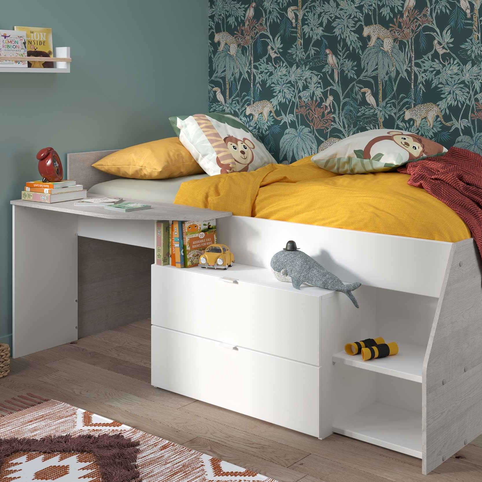 Lit banquette Milky avec bureau et tiroirs - blanc/chêne