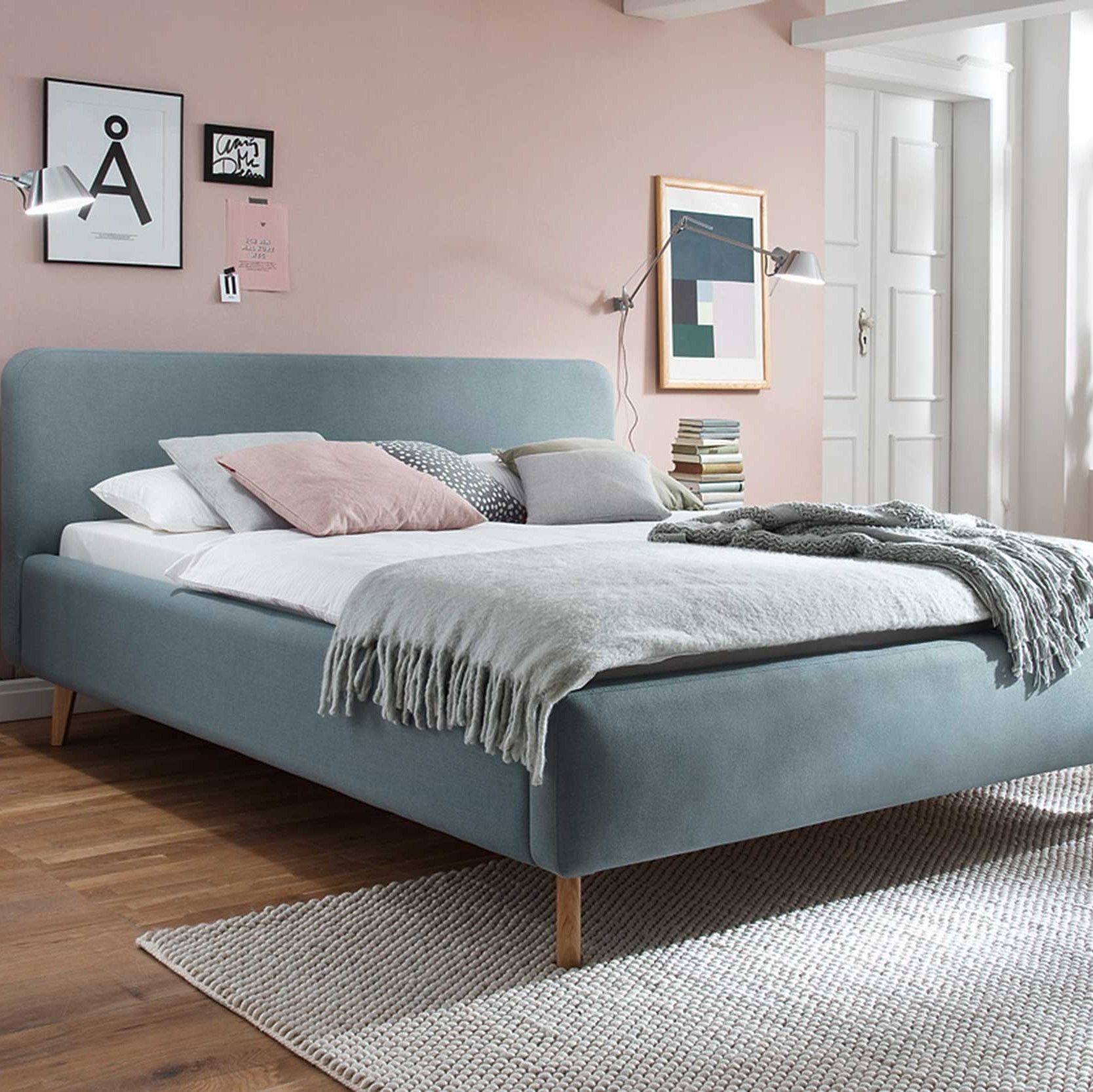 Lit en tissu Tony 160x200 - bleu glacier