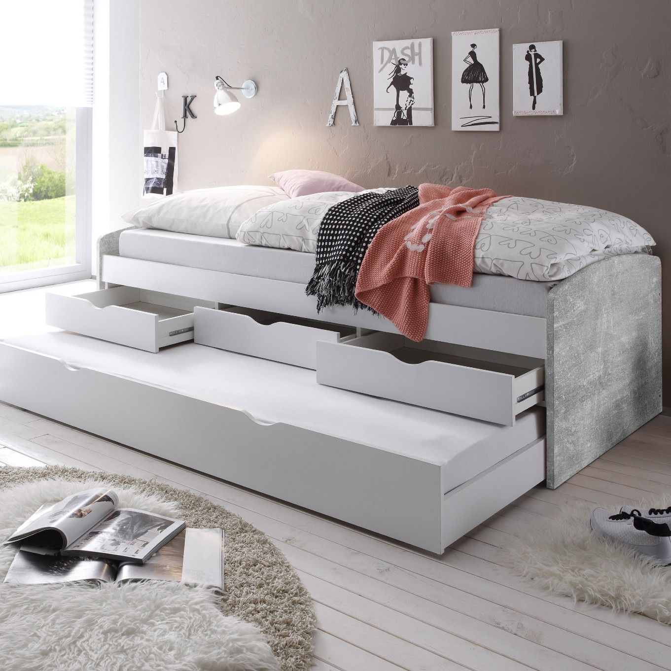 Lit banquette Nasri 90x200 avec tiroir de lit - béton/blanc