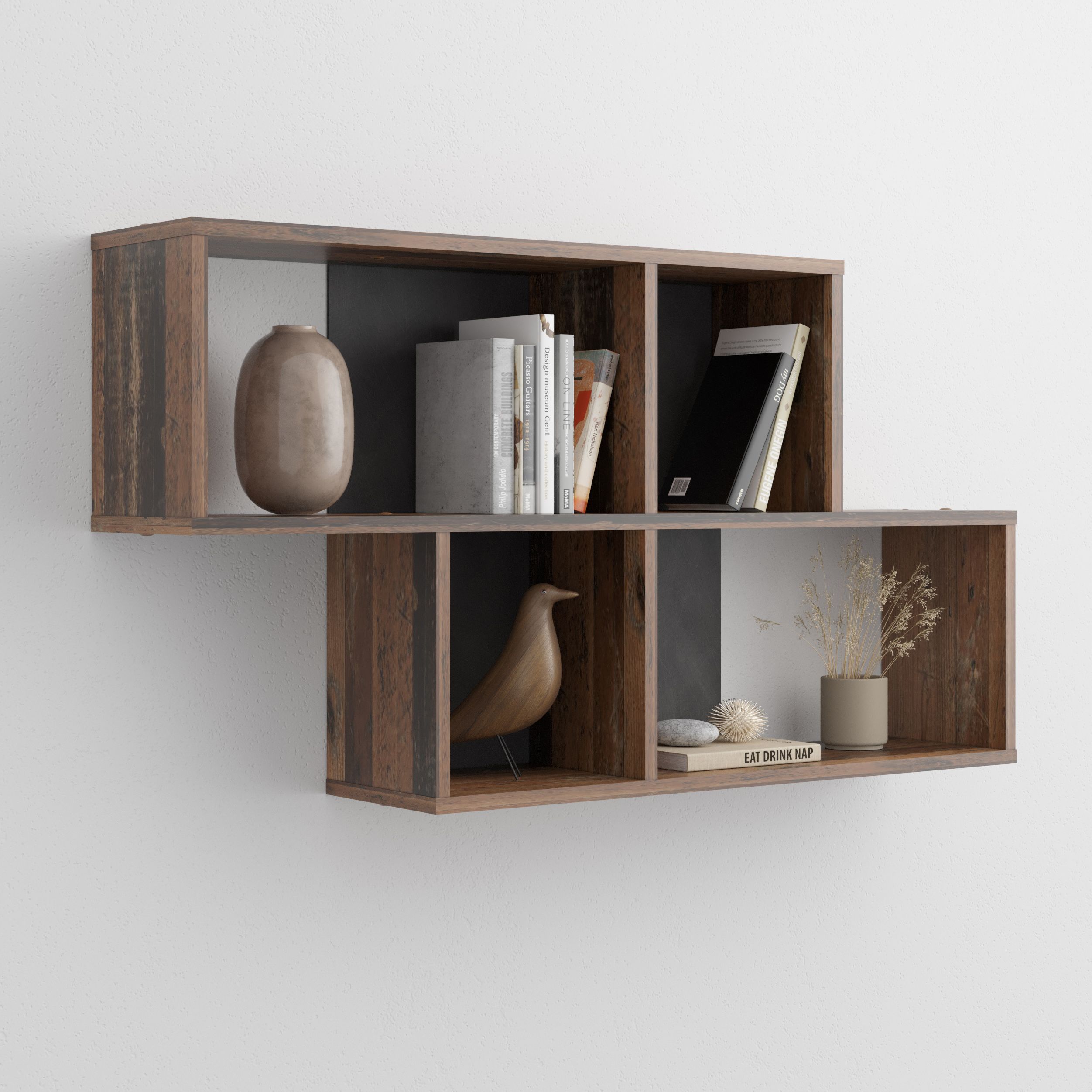 Étagère murale Nora avec 4 compartiments - bois vieilli/anthracite