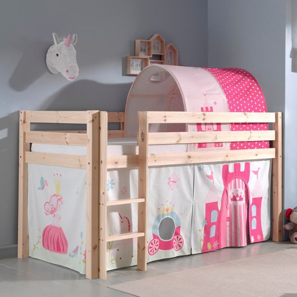 Lit mi-hauteur Charlotte avec tente et tunnel de lit Princess II - bois de pin