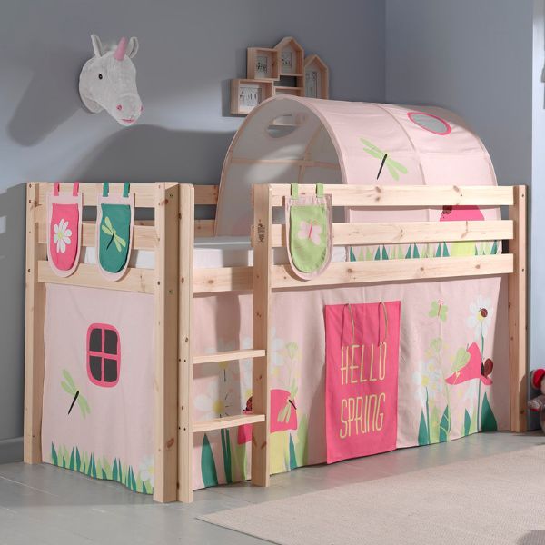 Lit mi-hauteur Charlotte avec tente et tunnel de lit et sacs de rangement Spring - bois de pin