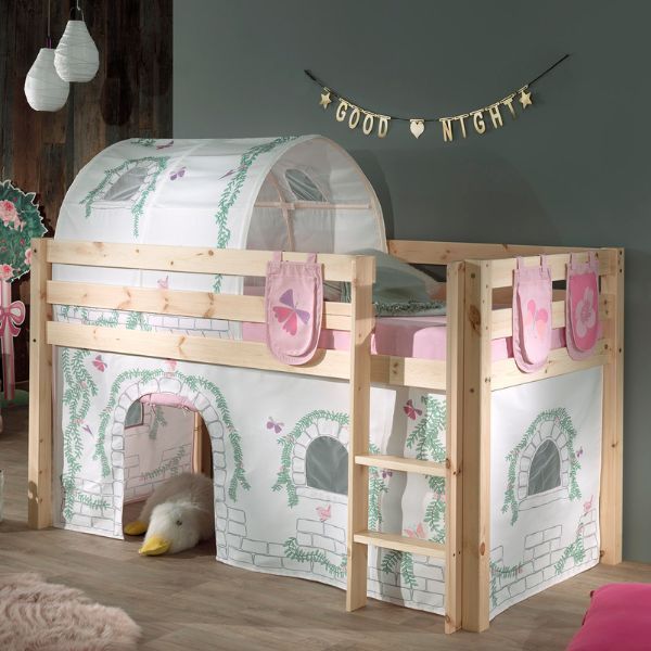 Lit mi-hauteur Charlotte avec tente et tunnel de lit et sacs de rangement Birdy - bois de pin