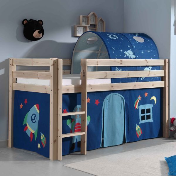 Lit mi-hauteur Charlotte avec tente et tunnel de lit Astro - bois de pin