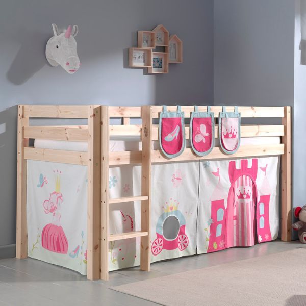 Lit mi-hauteur Charlotte avec tente et sacs de rangement Princess II - bois de pin