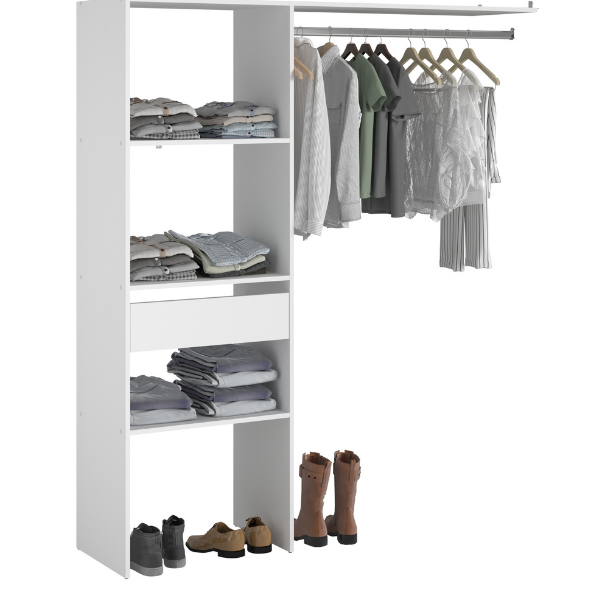 Armoire Botan D - 160cm, 3 planches & 1 tringle & 1 tiroir - blanc