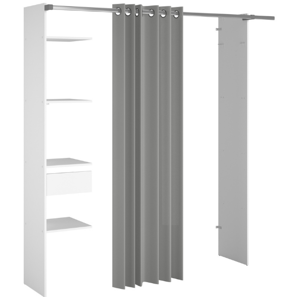 Armoire Botan G - 200cm, 4 étagères, 1 tiroir, 1 rideau- blanc