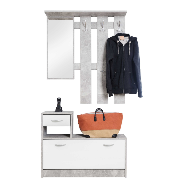 Vestiaire Rudolf (porte-manteau, miroir & armoire à chaussures) - béton/blanc