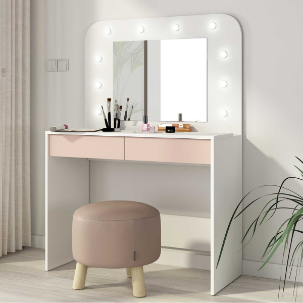 Coiffeuse Holly avec miroir et éclairage 2 tiroirs aggloméré - blanc/rose