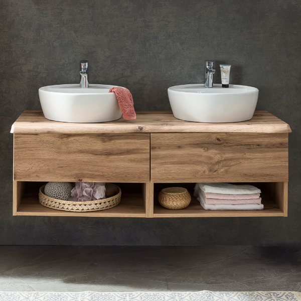 Meuble lavabo Karan 121cm avec deux bassins et 2 tiroirs - chêne