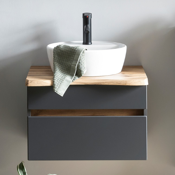 Meuble à lavabo Vikas 61cm 2 tiroirs - anthracite/chêne