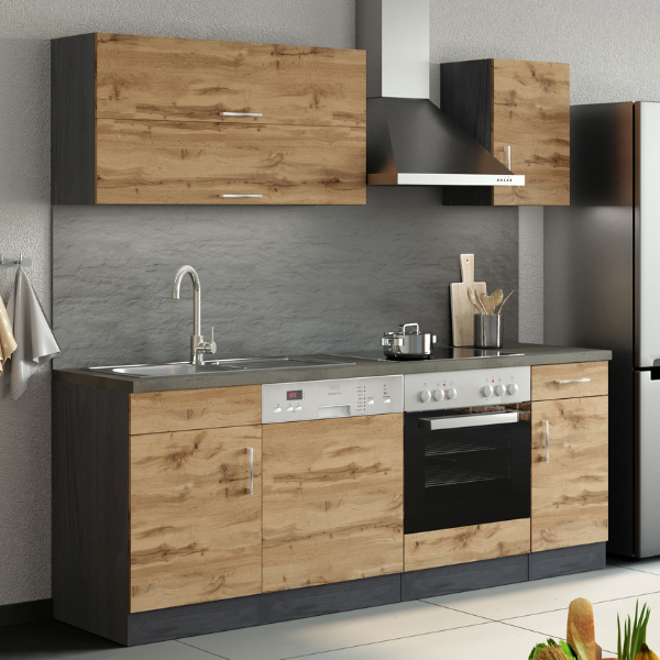 Kitchenette Sorrella 210cm avec lave-vaisselle et four - chêne/graphite