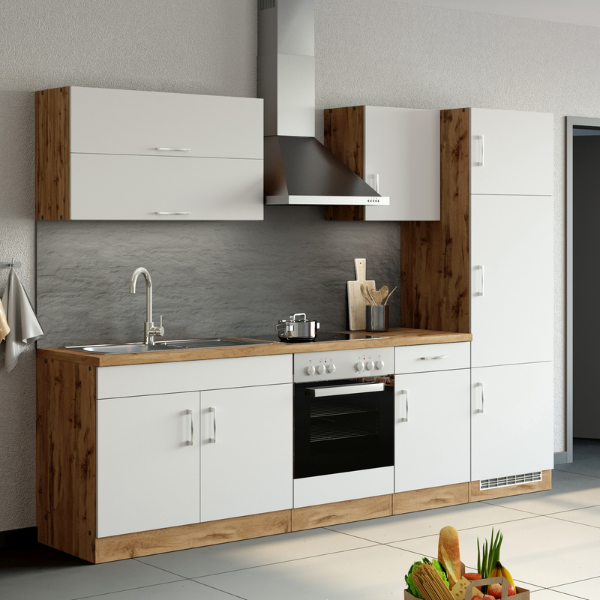Kitchenette Sorrella 270cm avec four et réfrigérateur - blanc/chêne