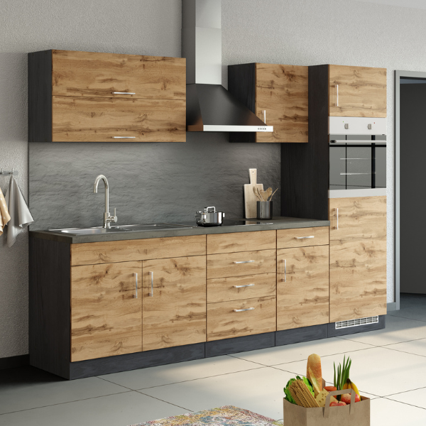 Kitchenette Sorrella 270cm avec four et réfrigérateur - chêne/graphite