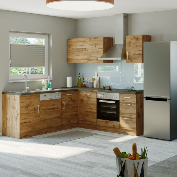 Kitchenette forme L Sorrella 210cm avec espace pour four et lave-vaisselle - chêne