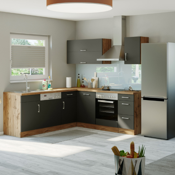Kitchenette forme L Sorrella 210cm avec four et lave-vaisselle - anthracite/chêne