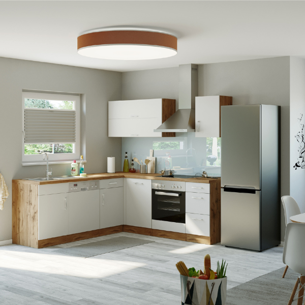 Kitchenette forme L Sorrella 210cm avec four et lave-vaisselle - blanc/chêne