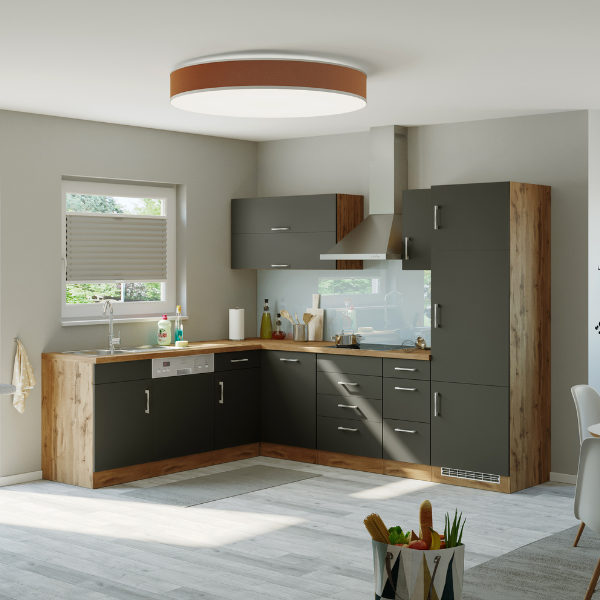 Kitchenette forme L Sorrella 270cm avec four, lave-vaisselle et réfrigérateur - anthracite/chêne