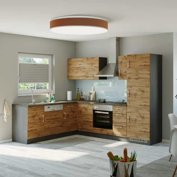 Kitchenette forme L Sorrella 270cm avec four, lave-vaisselle et réfrigérateur - chêne/graphite