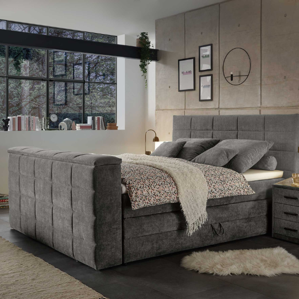 Lit boxspring Delvo 180x200cm avec espace de rangement et espace pour TV - taupe