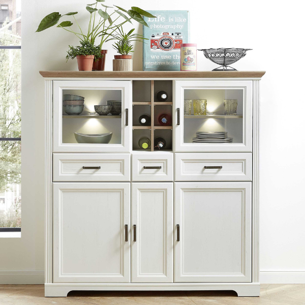 Vaisselier Samine 3 tiroirs, 5 portes & 6 niches - blanc/chêne