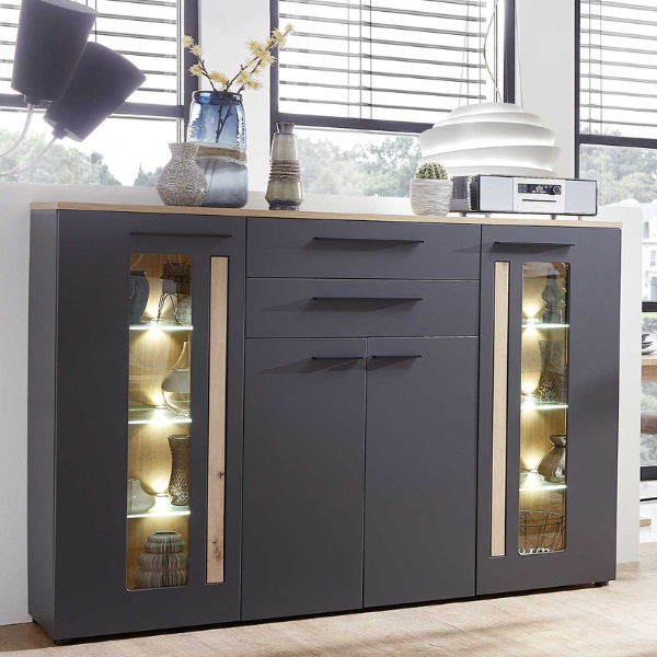 Buffet Lorna 4 portes & 2 tiroirs - anthracite/chêne