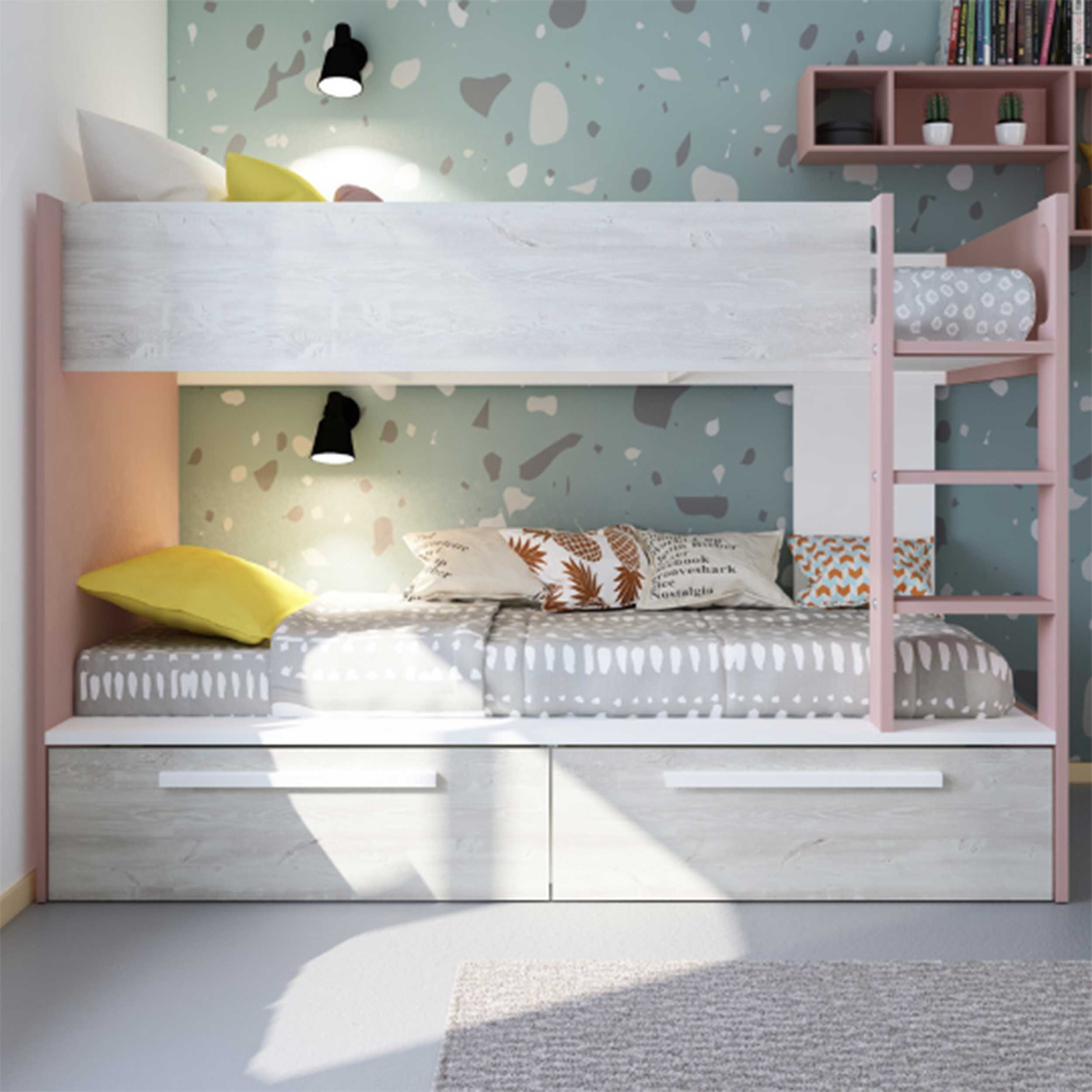 Lit superposé Fleur avec tiroirs de lit - vieux rose