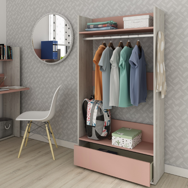 Armoire Bo0 avec tiroir, étagère à chapeaux et tringle à vêtements - pin/ vieux rose