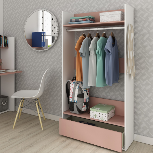 Armoire Bo0 avec tiroir, étagère à chapeaux et tringle à vêtements - blanc/ vieux rose