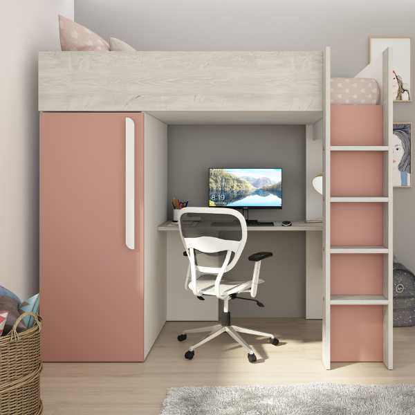 Dormeur haut Bo9 90x200 cm avec bureau et armoire - vieux rose