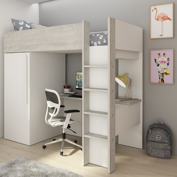 Dormant haut Bo9 90x200 cm avec bureau et armoire - blanc