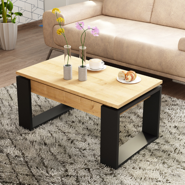 Table basse Cosmit 90x52 cm avec plateau extensible - beige/ noir