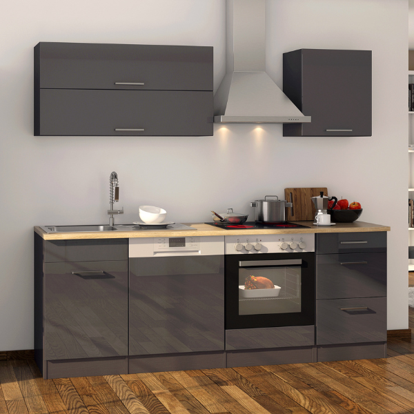 Kitchenette Ragnar 220cm avec espace pour four et lave-vaisselle - anthracite brillant