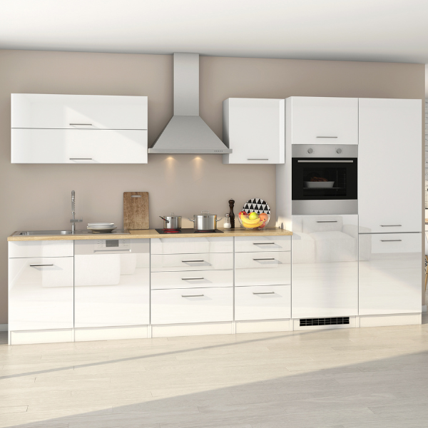 Kitchenette Ragnar 360cm avec espace pour réfrigérateur-congélateur, lave-vaisselle et four - blanc brillant