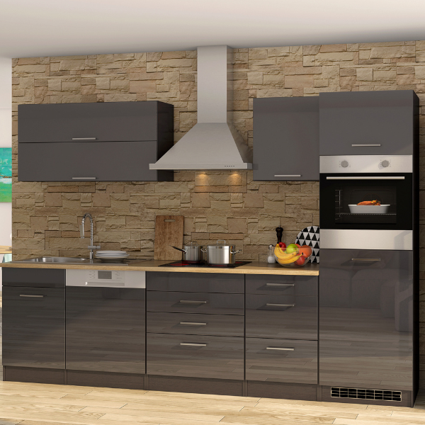 Kitchenette Ragnar 300cm avec four, réfrigérateur et lave-vaisselle - anthracite brillant