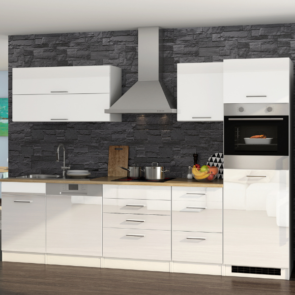 Kitchenette Ragnar 300cm avec four, réfrigérateur et lave-vaisselle - blanc brillant